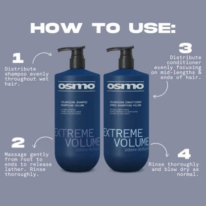 Osmo Extreme Volume shampoo and conditioner bottles with usage instructions on a gray background