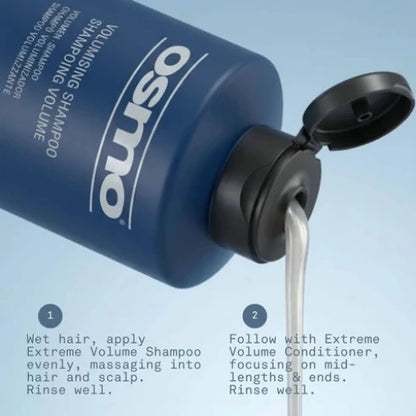 Blue shampoo bottle with Osmo branding and shampoo being poured, on a light blue background.