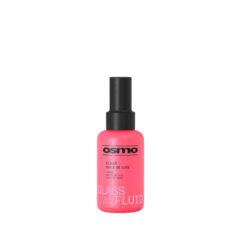 A bottle of Osmo Glass Fluid makeup in a vibrant pink shade with a black spray nozzle, centered on a plain white background.