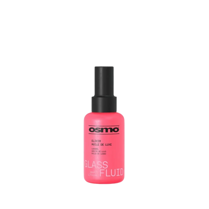 A bottle of Osmo Glass Fluid makeup in a vibrant pink shade with a black spray nozzle, centered on a plain white background.