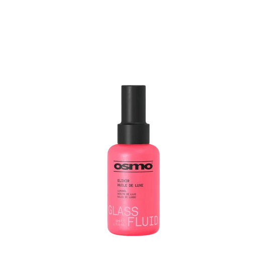 A bottle of Osmo Glass Fluid makeup in a vibrant pink shade with a black spray nozzle, centered on a plain white background.