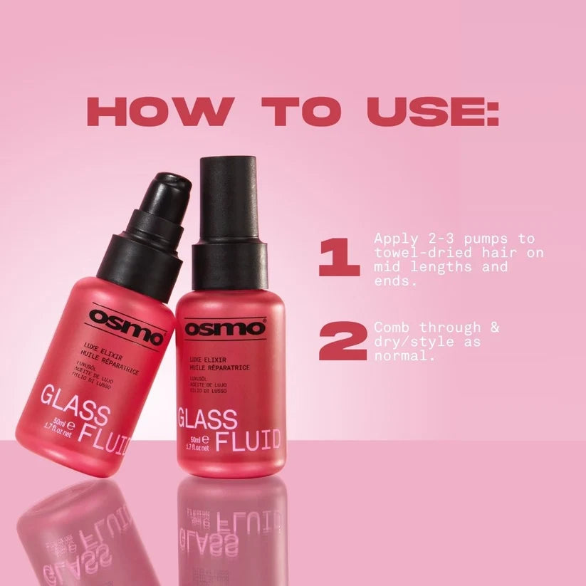 Two bottles of Osmo Glass Fluid on a pink background with usage instructions.