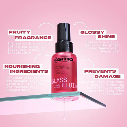 A bottle of Osmio Glass Fluid hair gloss is shown on a glass platform against a pink background, surrounded by marketing text callouts describing fruity fragrance, glossy shine, nourishing ingredients, and prevention of damage.