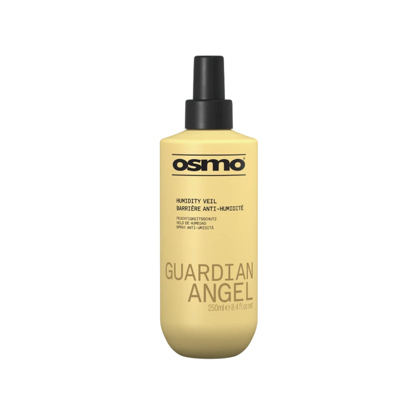 A bottle of Osmo Guardian Angel Humidity Veil hair protectant spray, featuring a pale yellow bottle and a black spray nozzle, set against a plain white background.