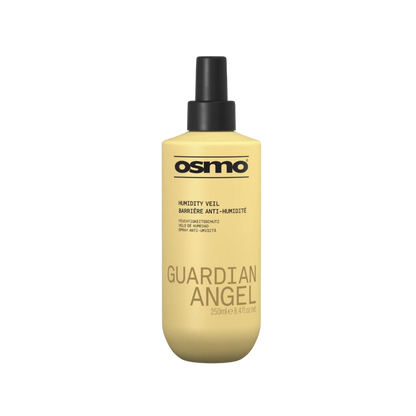 A bottle of Osmo Guardian Angel Humidity Veil hair protectant spray, featuring a pale yellow bottle and a black spray nozzle, set against a plain white background.