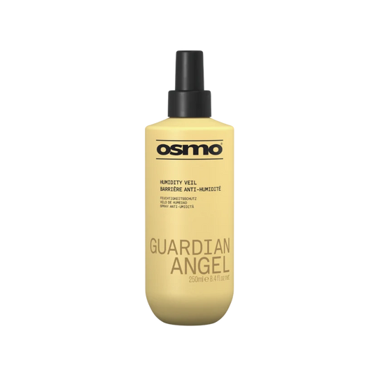 A bottle of Osmo Guardian Angel Humidity Veil hair protectant spray, featuring a pale yellow bottle and a black spray nozzle, set against a plain white background.