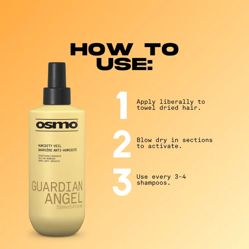 Osmo Guardian Angel hair product with usage instructions on a yellow background