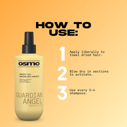 Osmo Guardian Angel hair product with usage instructions on a yellow background