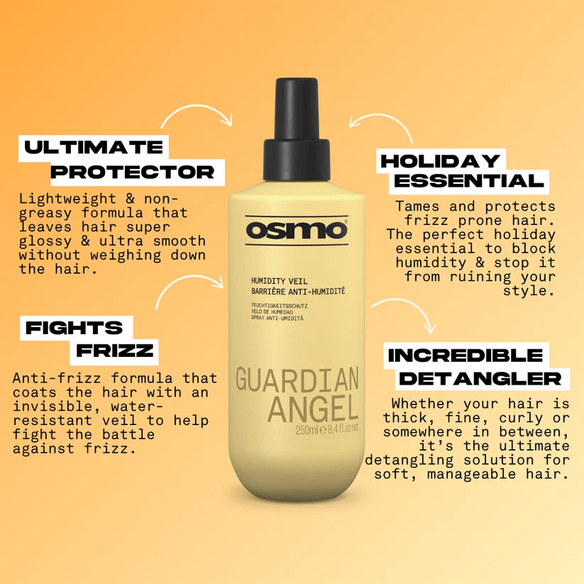 Osmo Guardian Angel hair product with features highlighted on an orange background