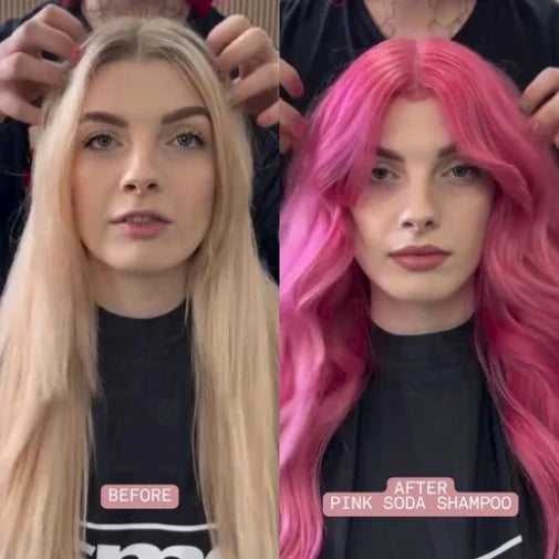 Before and after comparison of a person with blonde hair and pink hair, labeled 'Before' and 'After' respectively.