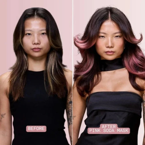 Before and after comparison of a woman's hair color transformation using Pink Soda Mask.