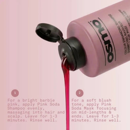 Pink bottle of Pink Soda hair care product with red liquid being poured, on a pink background.