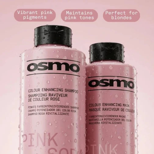 Osmo Pink Shampoo and Mask bottles on a pink background