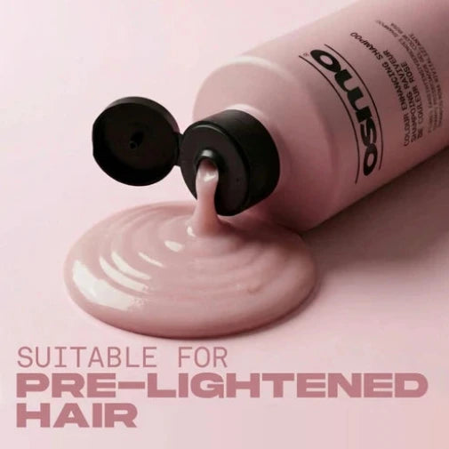 Pink hair care product with 'Osmo' branding on a pink background