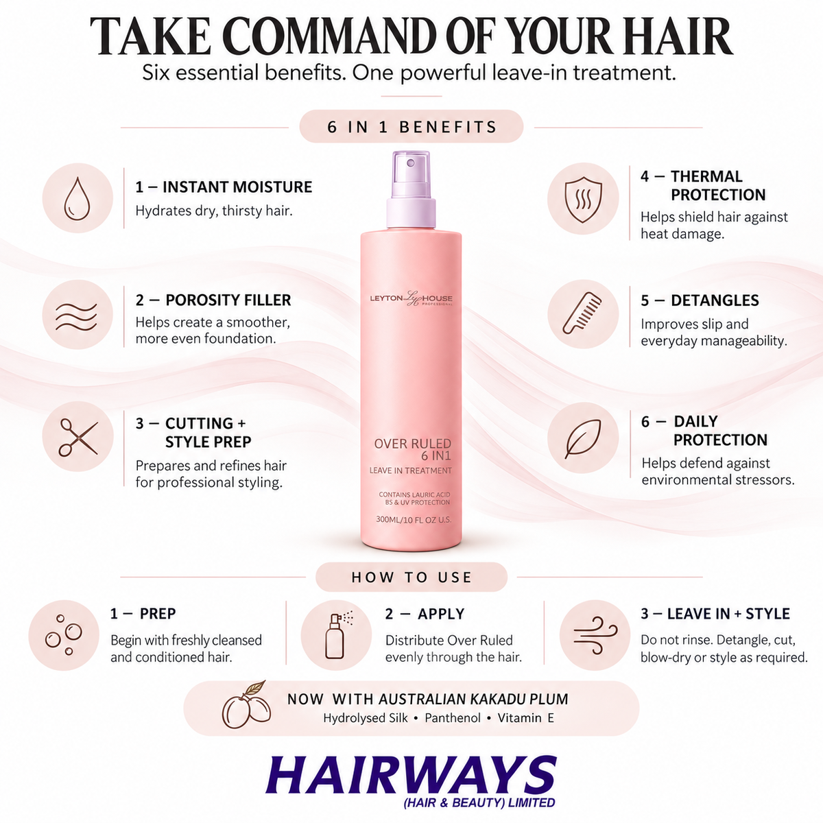 Leyton House Over Ruled 6 in 1 Treatment infographic showing moisture, porosity, detangling, heat protection, styling preparation and daily protection benefits