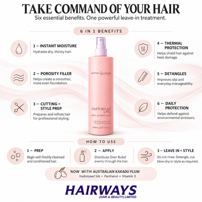 Leyton House Over Ruled 6 in 1 Treatment infographic showing moisture, porosity, detangling, heat protection, styling preparation and daily protection benefits