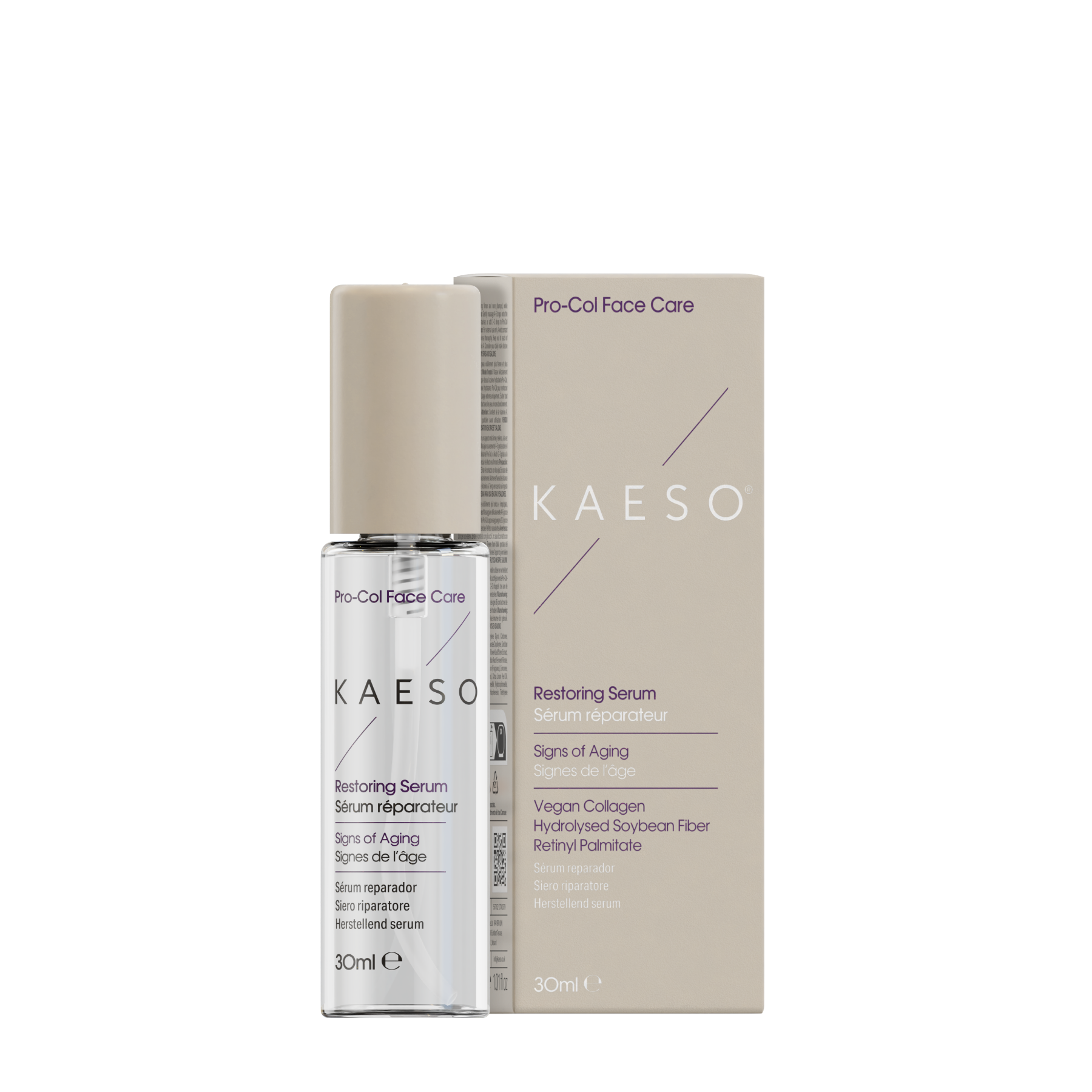 KAESO Restoring Serum 30ml bottle next to its beige packaging box on a plain white background.