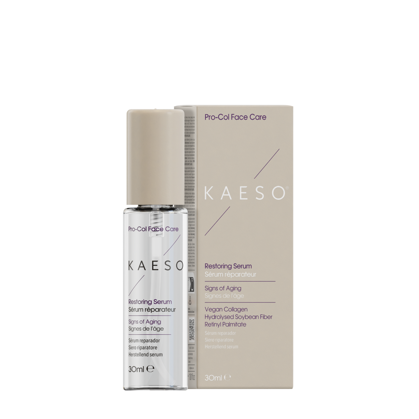 KAESO Restoring Serum 30ml bottle next to its beige packaging box on a plain white background.