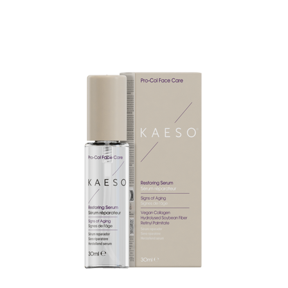 KAESO Restoring Serum 30ml bottle next to its beige packaging box on a plain white background.