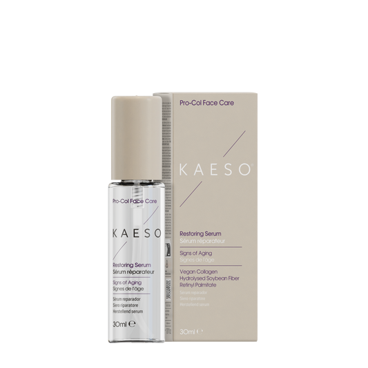 KAESO Restoring Serum 30ml bottle next to its beige packaging box on a plain white background.