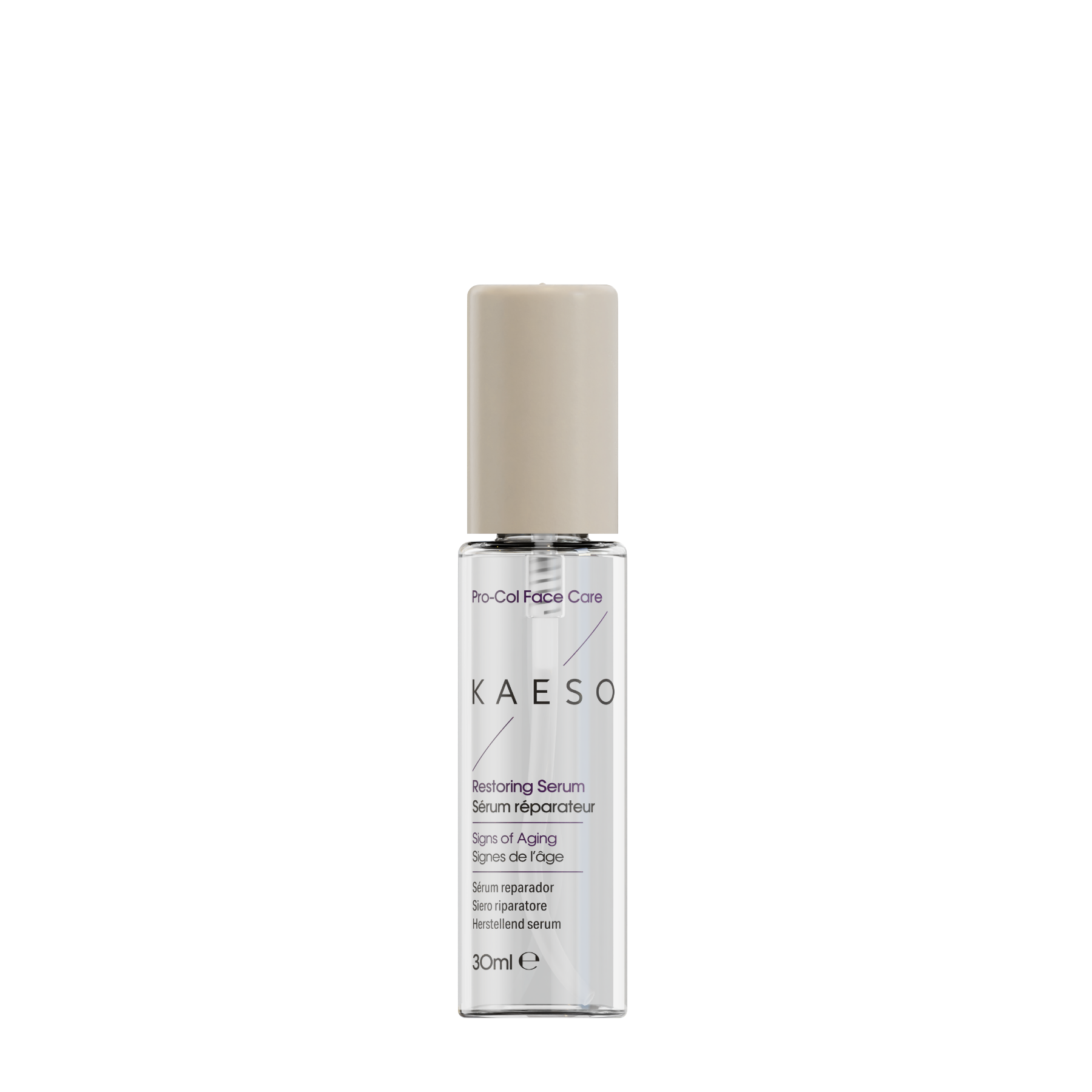 KAESON Pro-Collagen Care Restoring Serum in a clear cylindrical bottle with a beige cap, shown on a plain white background.