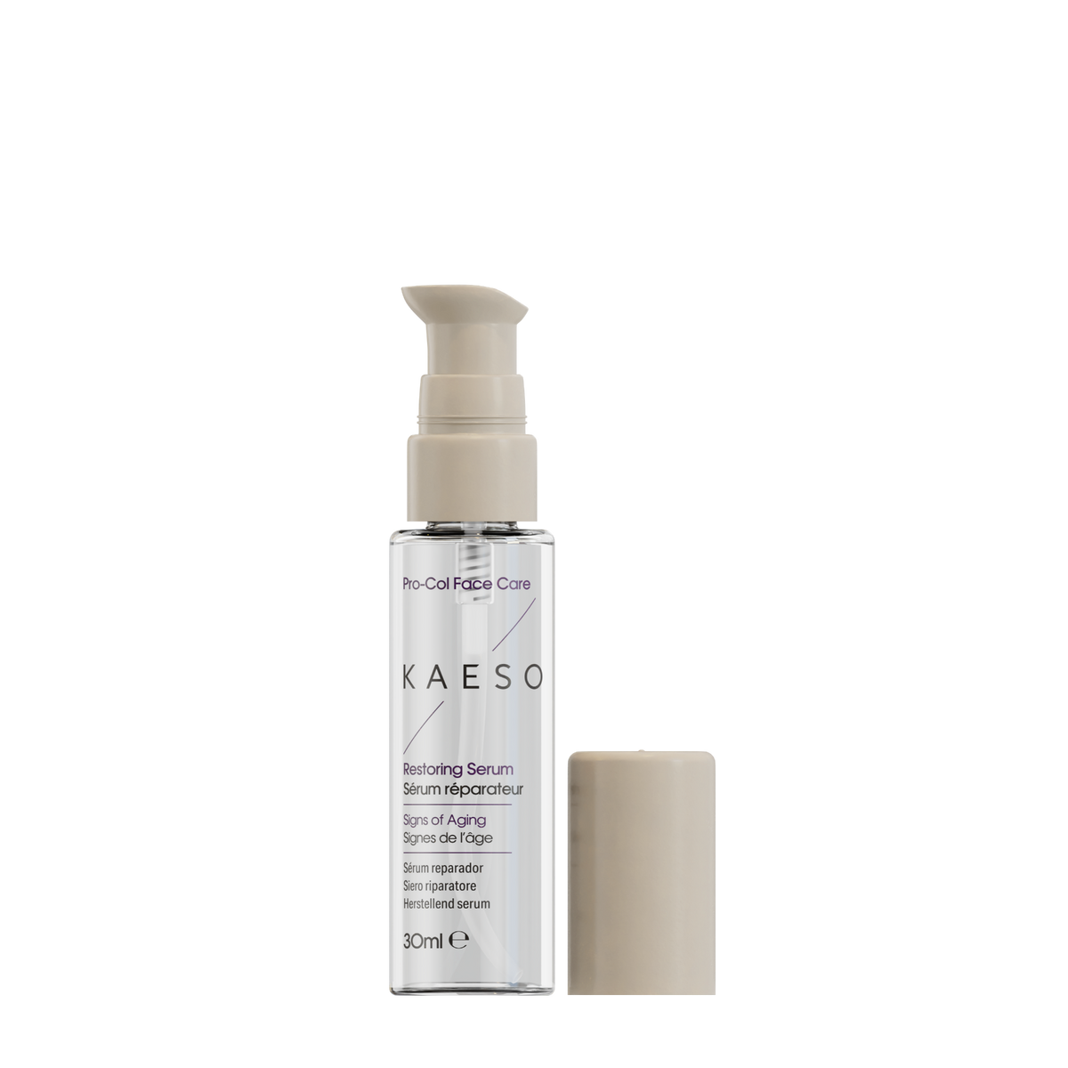 KAESO Restoring Serum in a clear pump bottle with a beige cap, shown next to its detached beige cap on a plain white background.