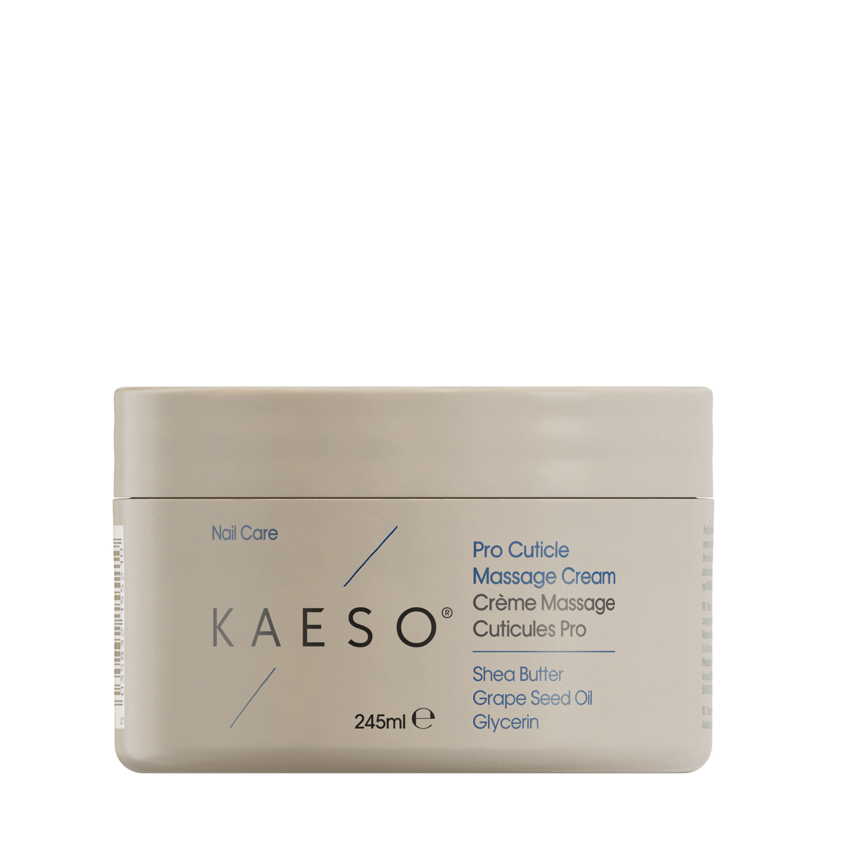 KAESO Pro Cuticle Massage Cream in a rectangular beige jar with blue text, centered on a solid white background.
