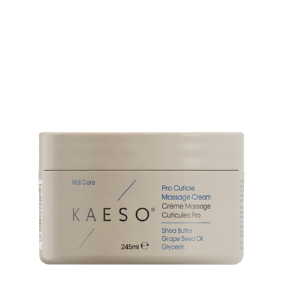 KAESO Pro Cuticle Massage Cream in a rectangular beige jar with blue text, centered on a solid white background.