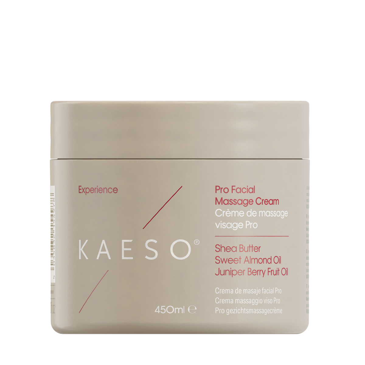 A 450ml jar of KAESO Experience Pro Facial Massage Cream, featuring a minimalist beige packaging with red and white text on a clean white background.