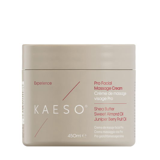 A 450ml jar of KAESO Experience Pro Facial Massage Cream, featuring a minimalist beige packaging with red and white text on a clean white background.