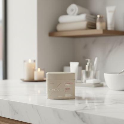 KAESO Experience Mandarin Sugar Soap jar in a matte beige color, featuring red and white text detailing the ingredients and product type, set against a plain white background.