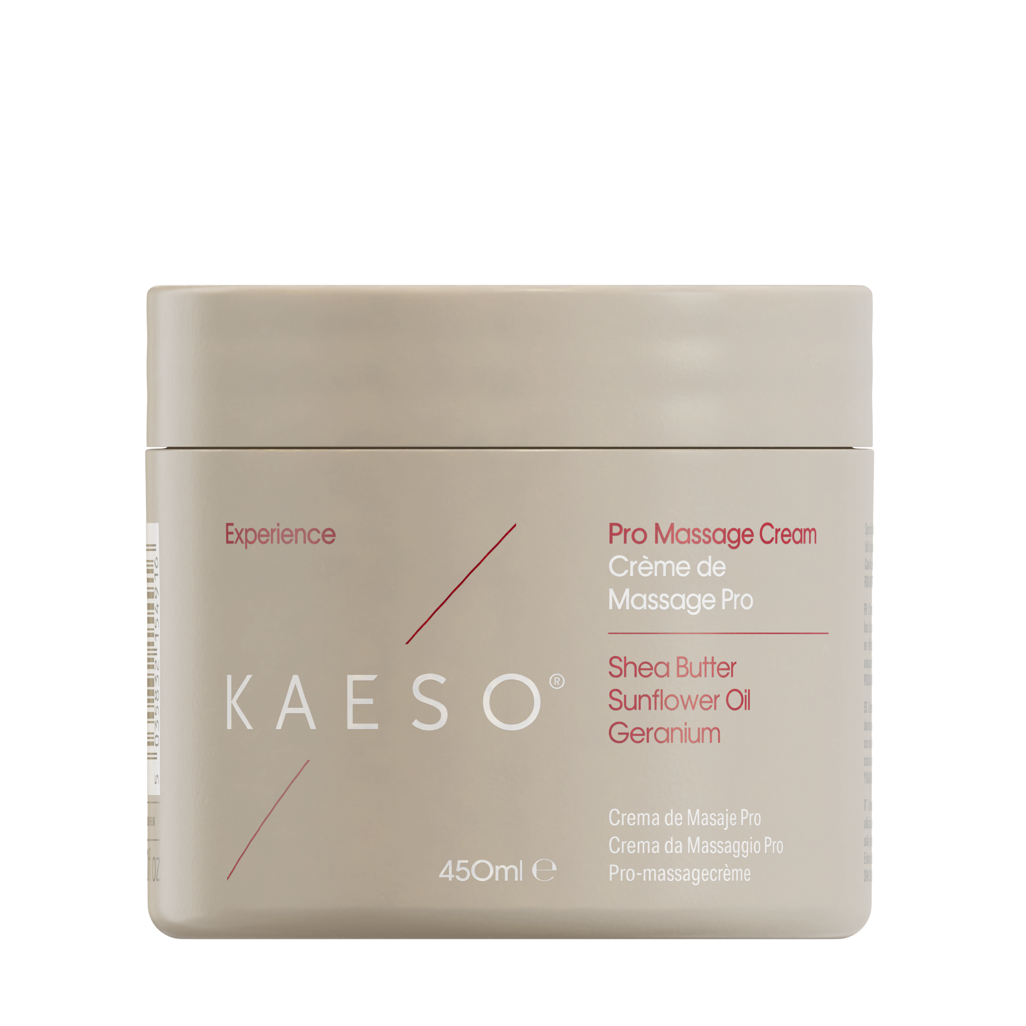 KAESO Experience Pro Massage Cream jar in a matte beige color, featuring red and white text detailing the ingredients and product type, set against a plain white background.