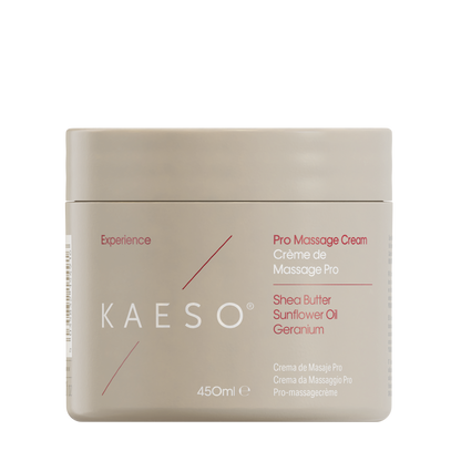 KAESO Experience Pro Massage Cream jar in a matte beige color, featuring red and white text detailing the ingredients and product type, set against a plain white background.