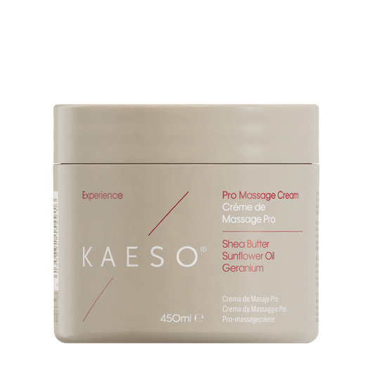 KAESO Experience Pro Massage Cream jar in a matte beige color, featuring red and white text detailing the ingredients and product type, set against a plain white background.