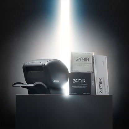 Black air purifier with '247AIR' branding on a dark background