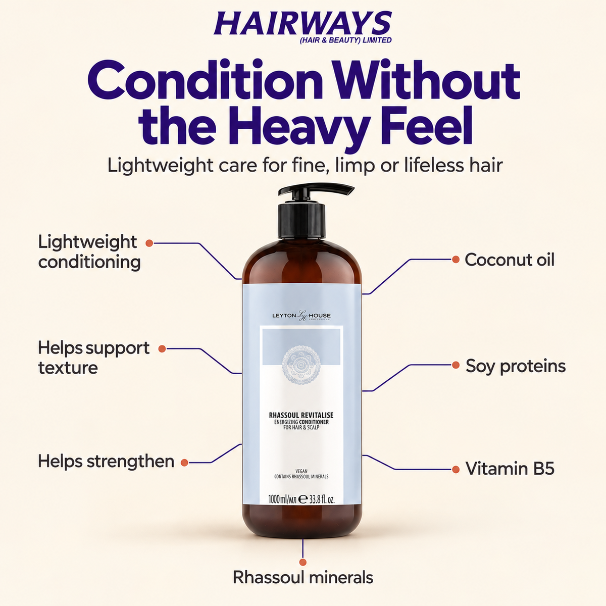 A bottle of Leyton House Rhassoul Revitalising Conditioner centered on a light beige background, with promotional text and callout lines listing ingredients such as coconut oil, soy proteins, vitamin B5, and rhassoul minerals. The brand name HAIRWAYS is visible at the top.