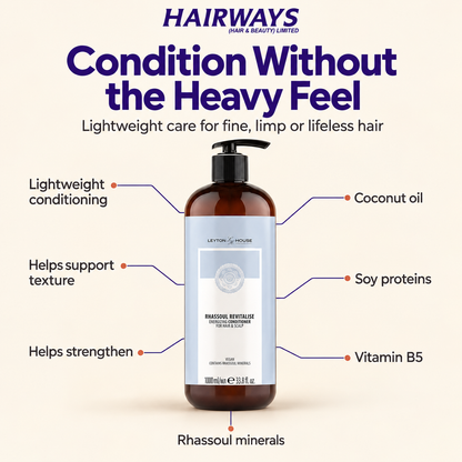 A bottle of Leyton House Rhassoul Revitalising Conditioner centered on a light beige background, with promotional text and callout lines listing ingredients such as coconut oil, soy proteins, vitamin B5, and rhassoul minerals. The brand name HAIRWAYS is visible at the top.