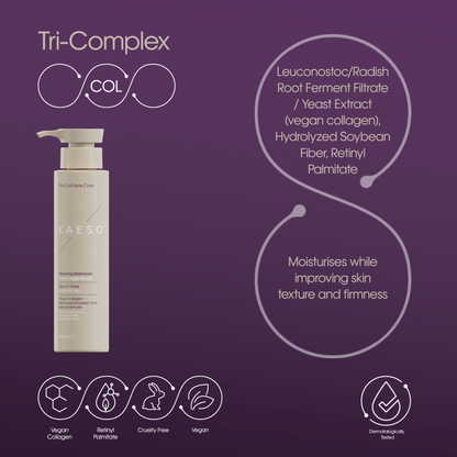 A pump bottle of Kaeso Tri-Complex Hydrating Moisturizer shown on a dark purple background with product ingredients listed in callout circles and feature icons along the bottom.