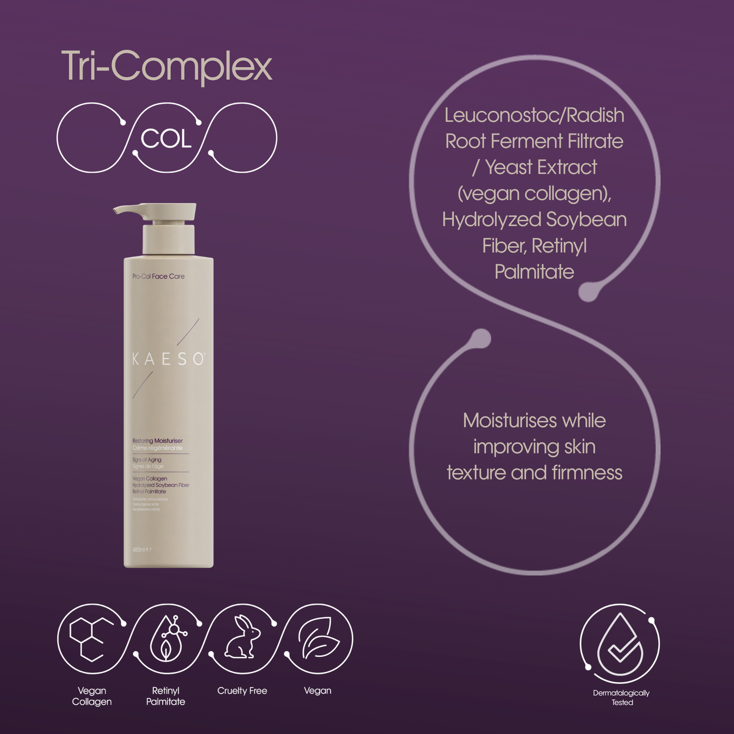 KAESO Tri-Complex Hyalupliss Strong Hair Builder moisturiser bottle on a dark purple background with product ingredients and benefits text.