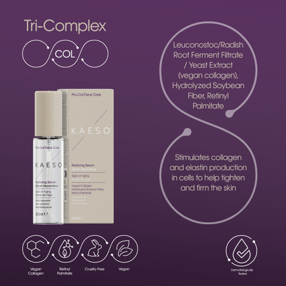 KAESO Tri-Complex Restoring Serum bottle and box on a purple promotional background with ingredient callouts and feature icons.