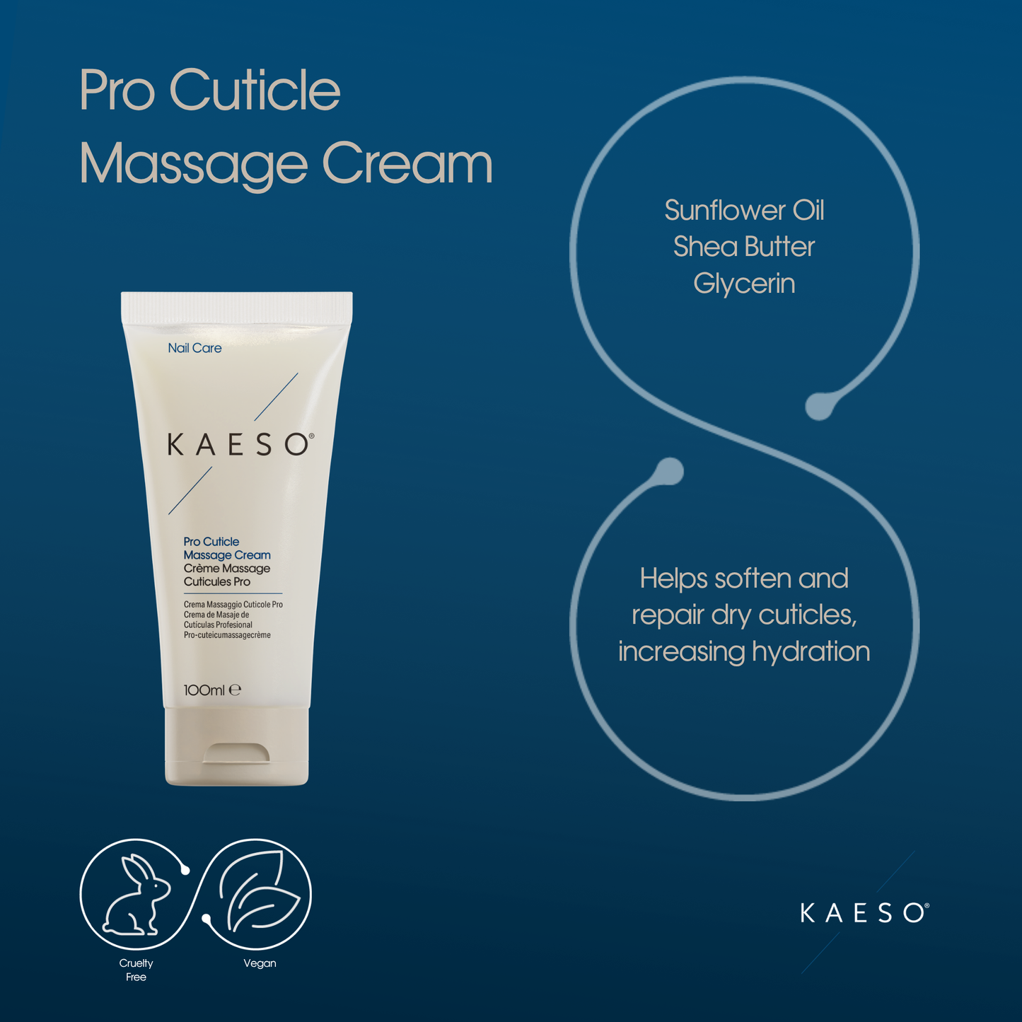 KAESO Pro Cuticle Massage Cream in a 100ml white squeeze tube, presented on a dark blue background with product details, ingredients, and certification icons.