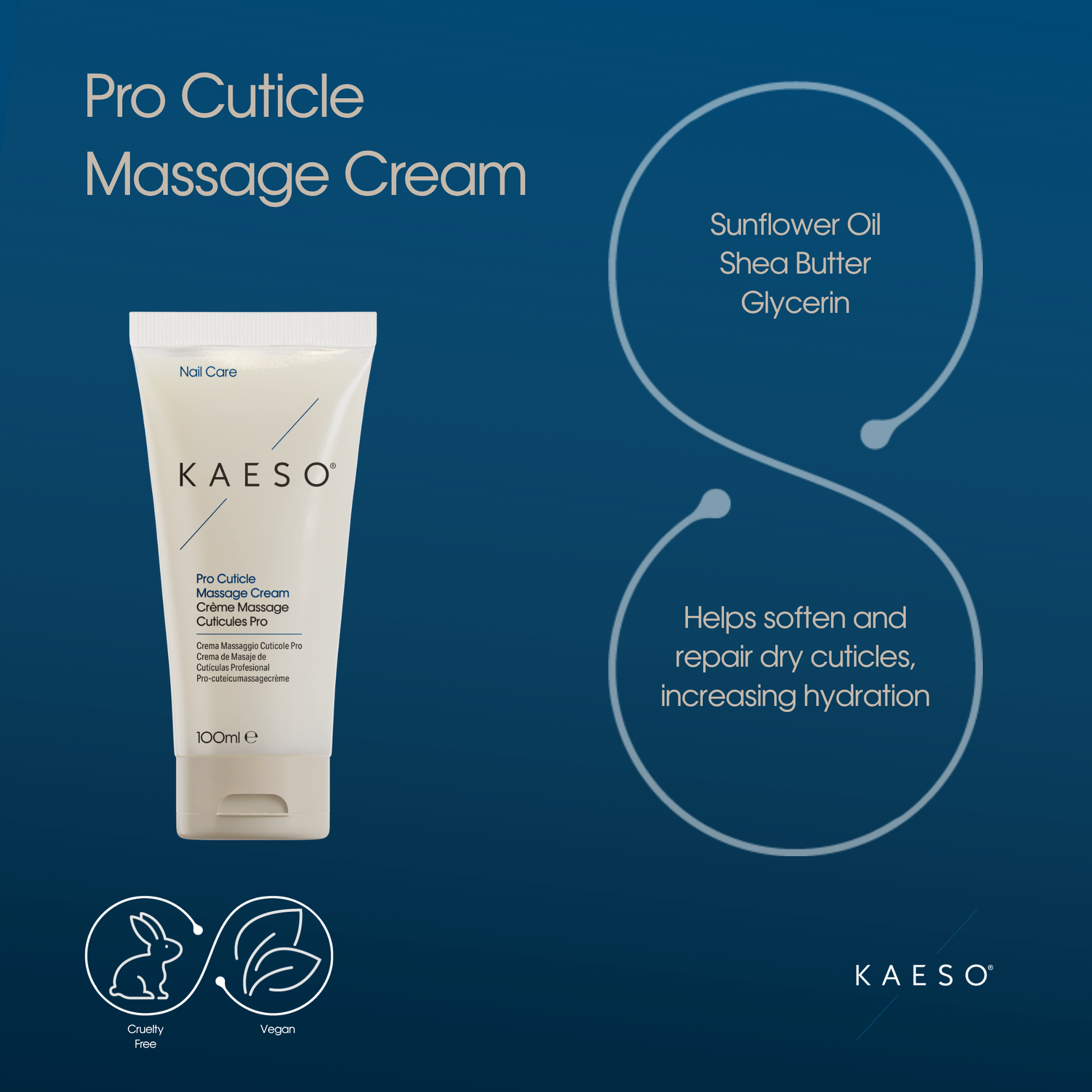 KAESO Pro Cuticle Massage Cream in a 100ml white squeeze tube, presented on a dark blue background with product details, ingredients, and certification icons.