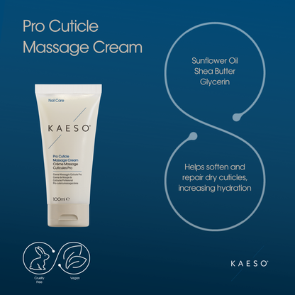 KAESO Pro Cuticle Massage Cream in a 100ml white squeeze tube, presented on a dark blue background with product details, ingredients, and certification icons.