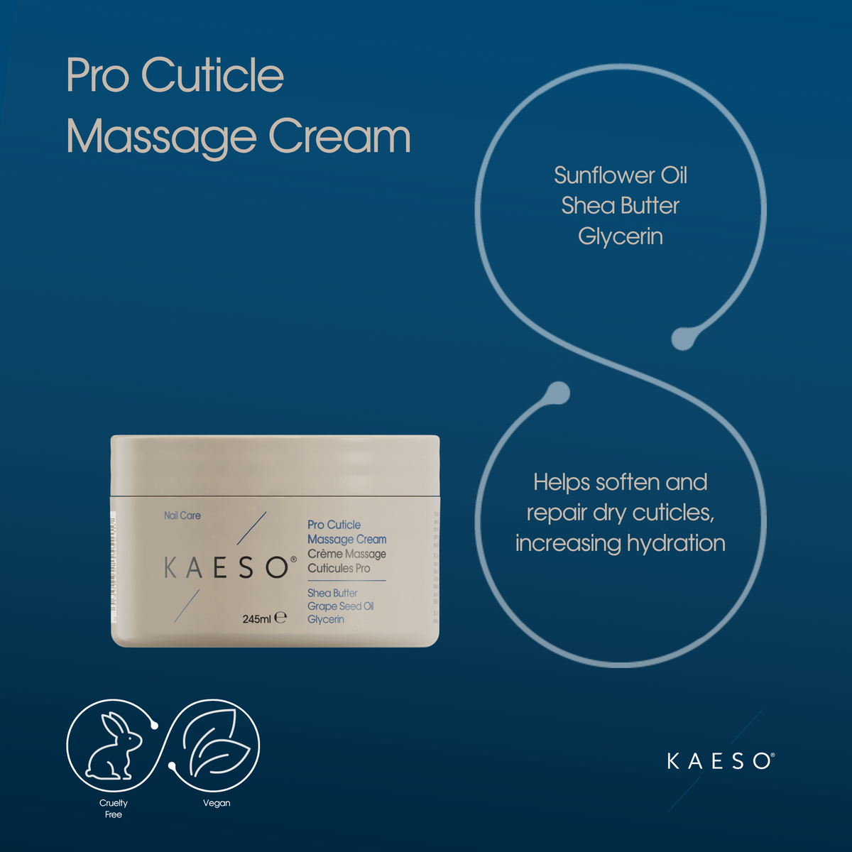 KAESO Pro Cuticle Massage Cream in a square cream-colored jar, presented on a dark blue background with product details, ingredients, and certification icons.