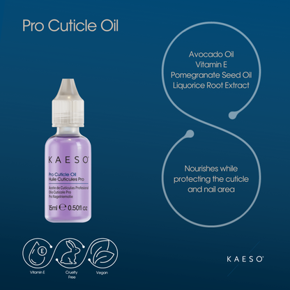 KAESO Pro Cuticle Oil bottle on a dark blue background with product text, ingredient callouts, and feature icons. The bottle is light purple with a white cap.