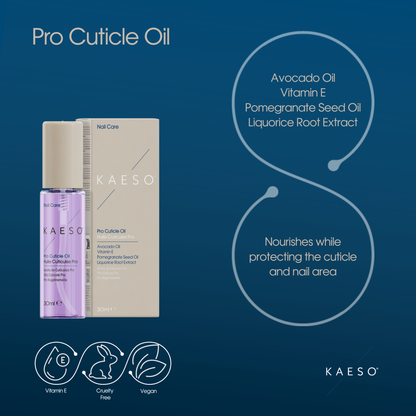 KAESO Pro Cuticle Oil bottle on a dark blue background with product text, ingredient callouts, and feature icons. The bottle is light purple with a white cap.