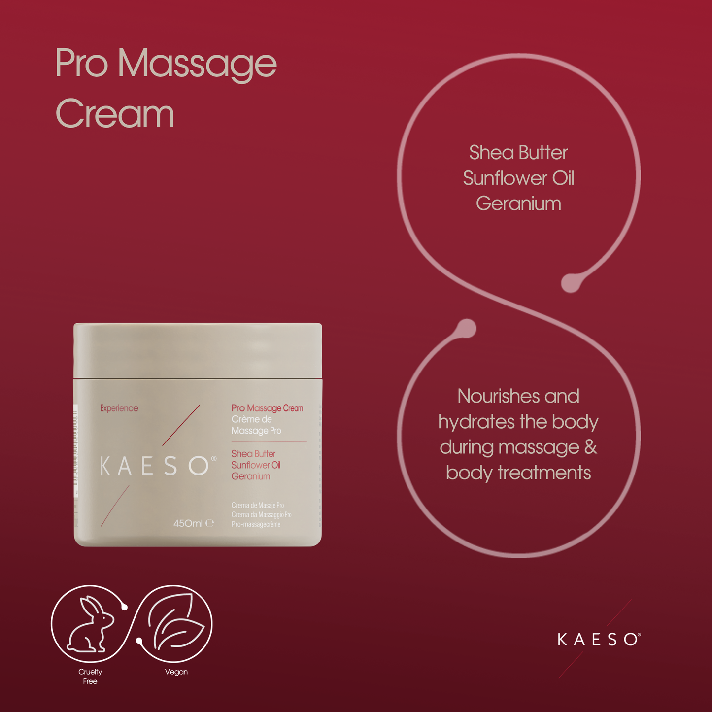 KAESO Pro Massage Cream jar on a dark red background with product text and ingredient callouts. The cream jar is a light warm beige/taupe with pink and white text.