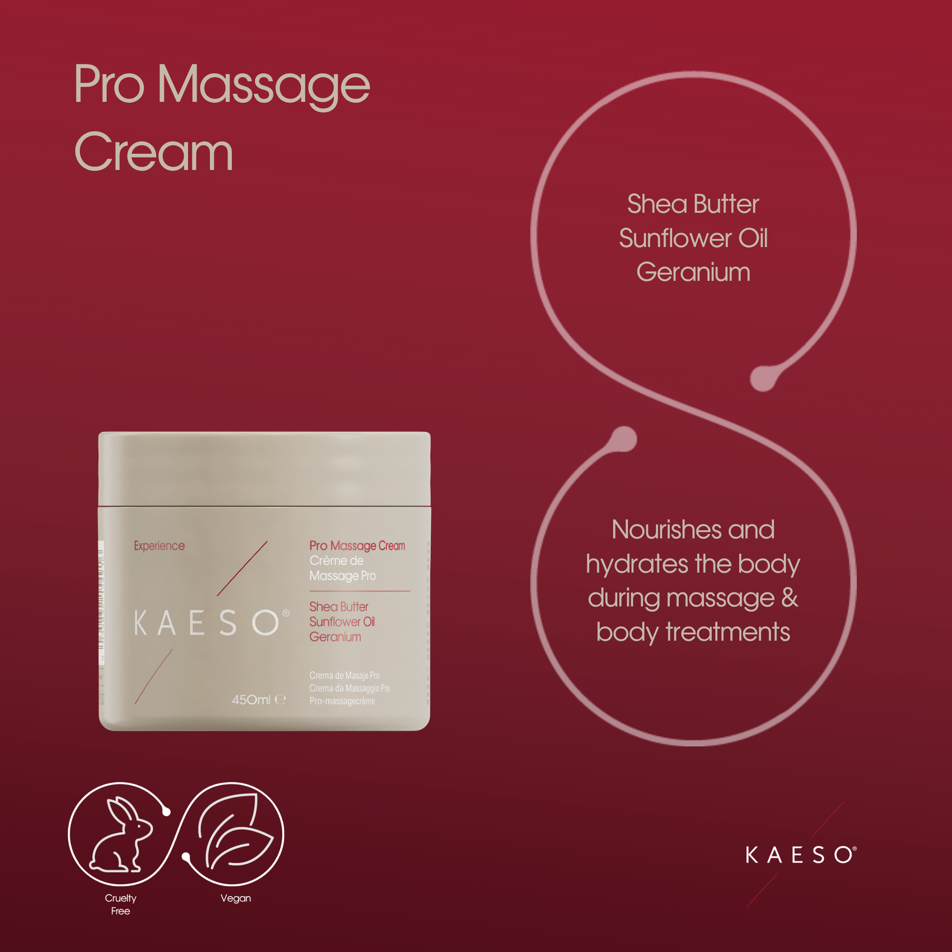 KAESO Pro Massage Cream jar on a dark red background with product text and ingredient callouts. The cream jar is a light warm beige/taupe with pink and white text.