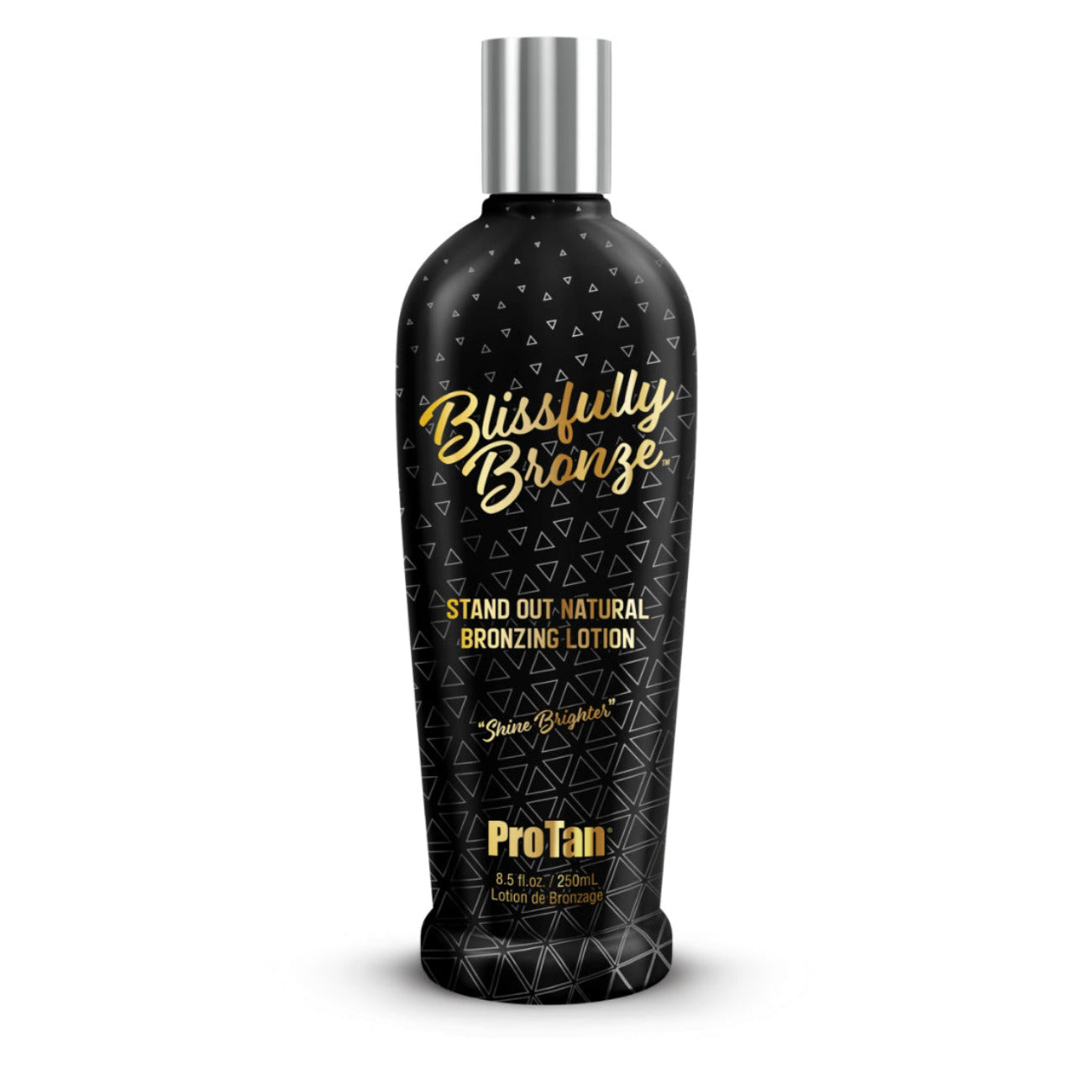 Black bottle of Pro Tan 'Blissfully Bronze' bronzing lotion on a white background