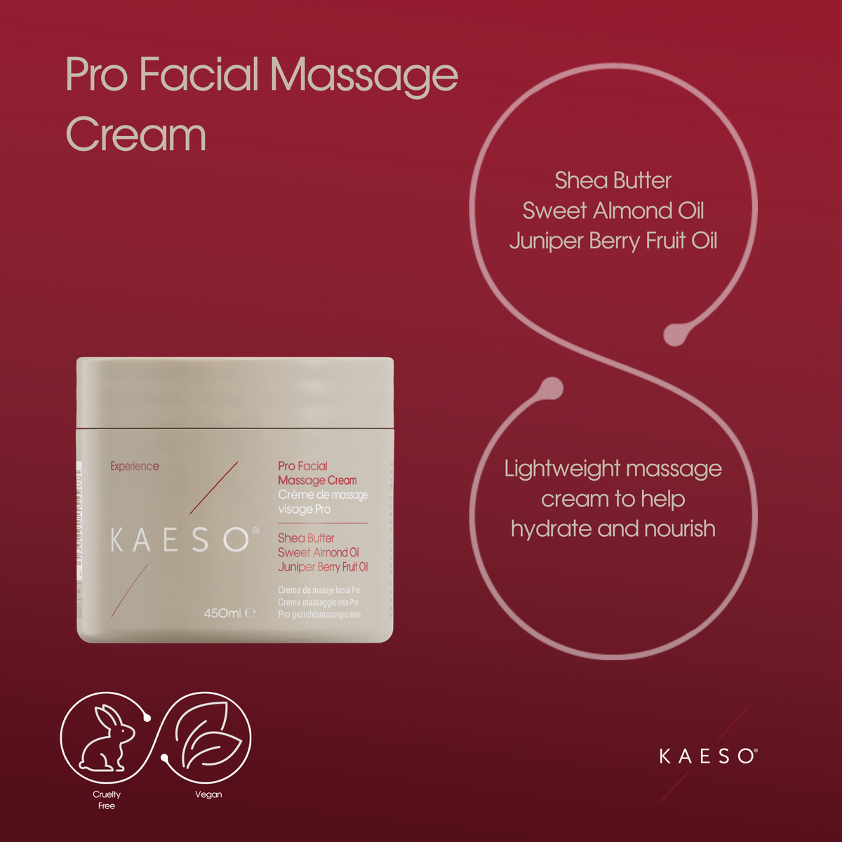 KAESO Pro Facial Massage Cream in a square beige jar, presented on a dark red background with ingredient callouts and product benefits.